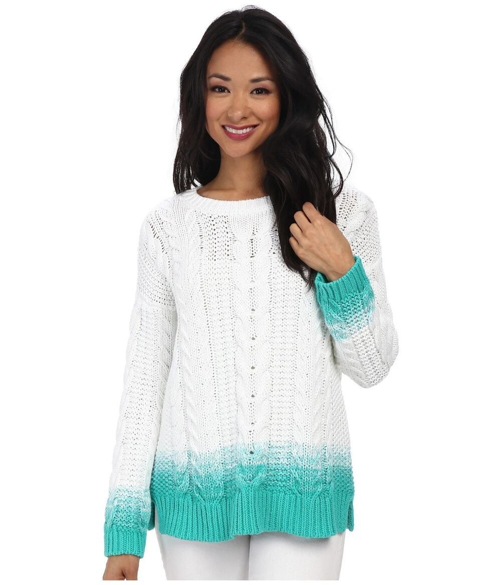 Tommy Bahama Sweater Women's Medium Ombre Dip Dye Cable Knit White Green Cotton